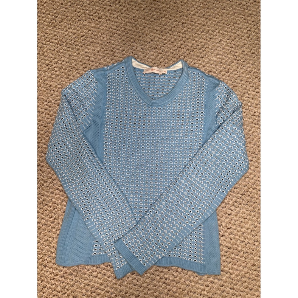 Tory Burch Light Blue White Pointelle Eyelet Knit Crewneck Sweater Womens M - Picture 3 of 8